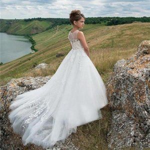 Flower Girl Dresses Ivory Lace Applique Girls Pageant Dresses For Wedding